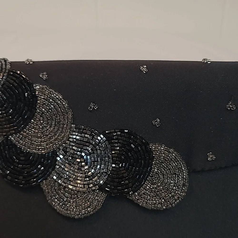 La Regale Vintage Black Satin Bag with Cord Beaded Circles - Stunning!